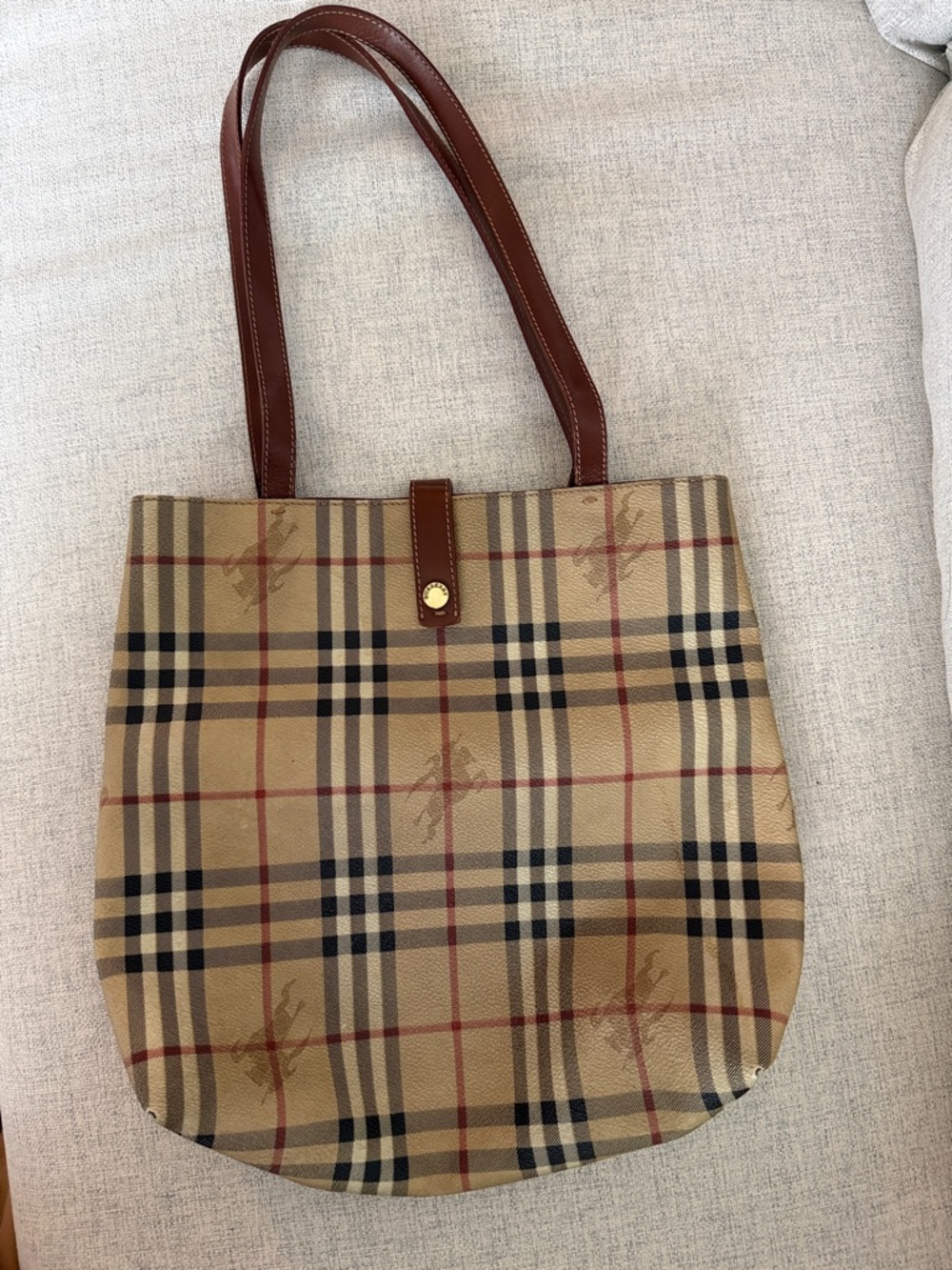 Burberry Beige Plaid Tote with Brown Leather Straps